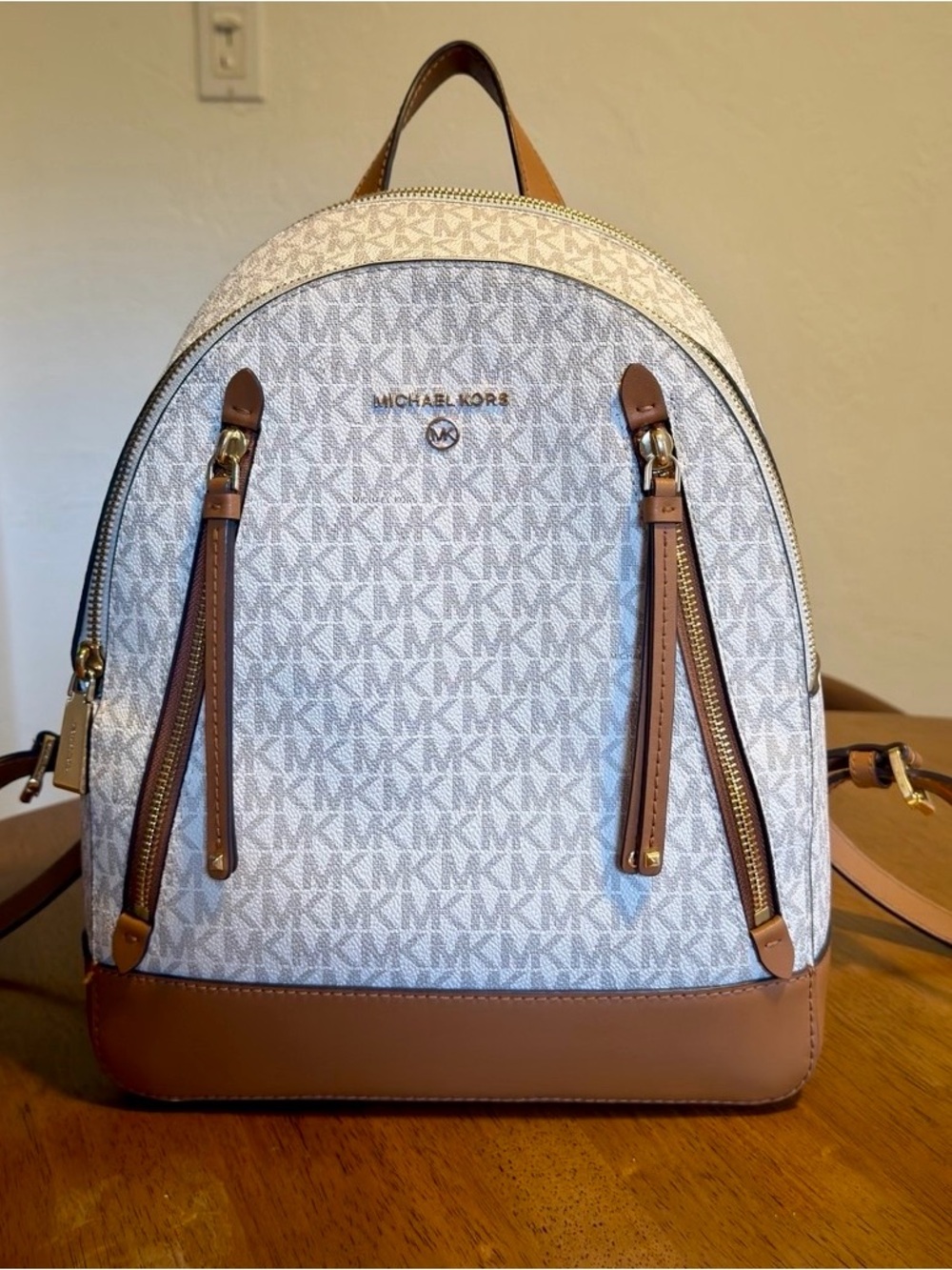 Michael Kors White and Brown Signature Mini Backpack